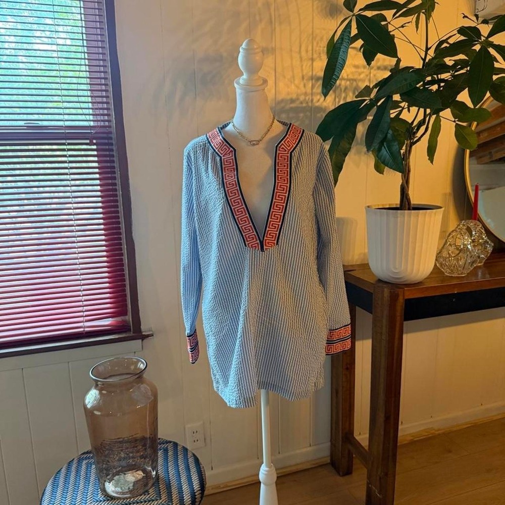 Macbeth Collection Baby Blue Lines Long Sleeve Cotton Blend Blouse Size Medium